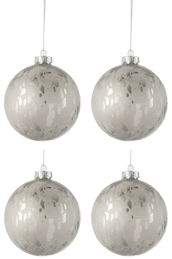 Doos met 4 kerstballen van glas, glanzend/mat, antiek zilver, groot