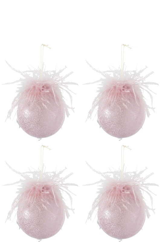Doos met 4 kerstballen veren glas mat roze medium