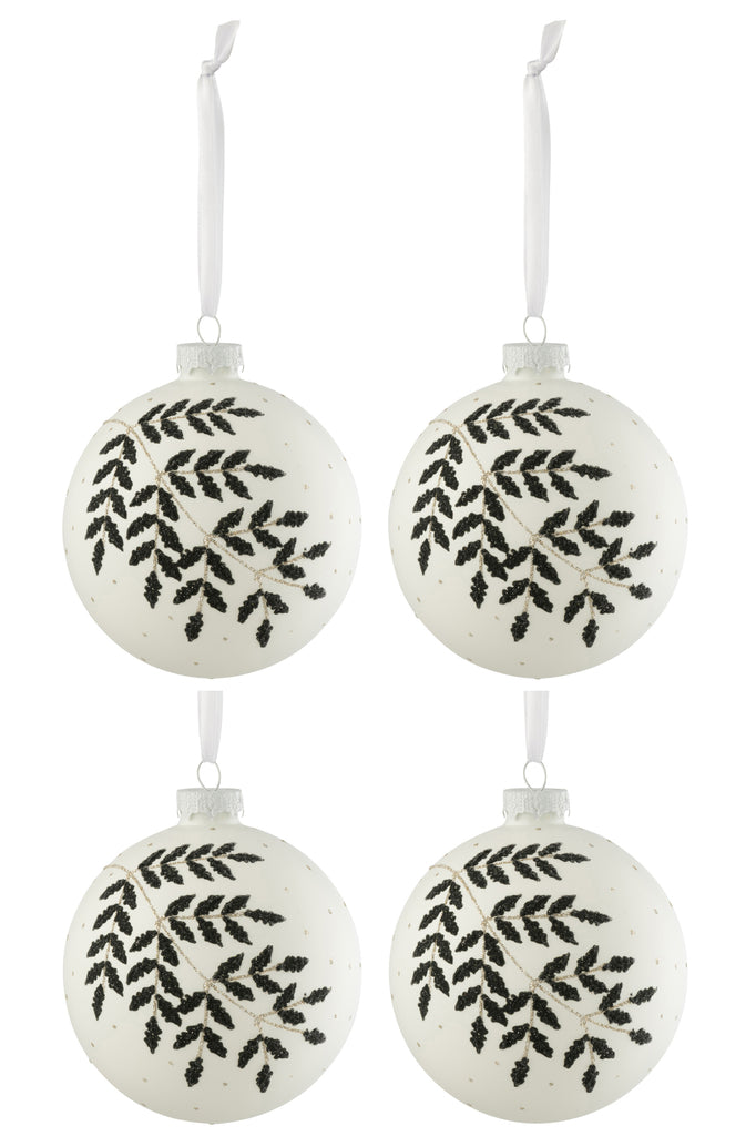 Doos met 4 kerstballen Kerstblad Glitter Groen Glas Wit Medium