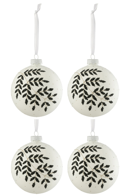 Doos met 4 kerstballen Kerstblad Glitter Groen Glas Wit Medium