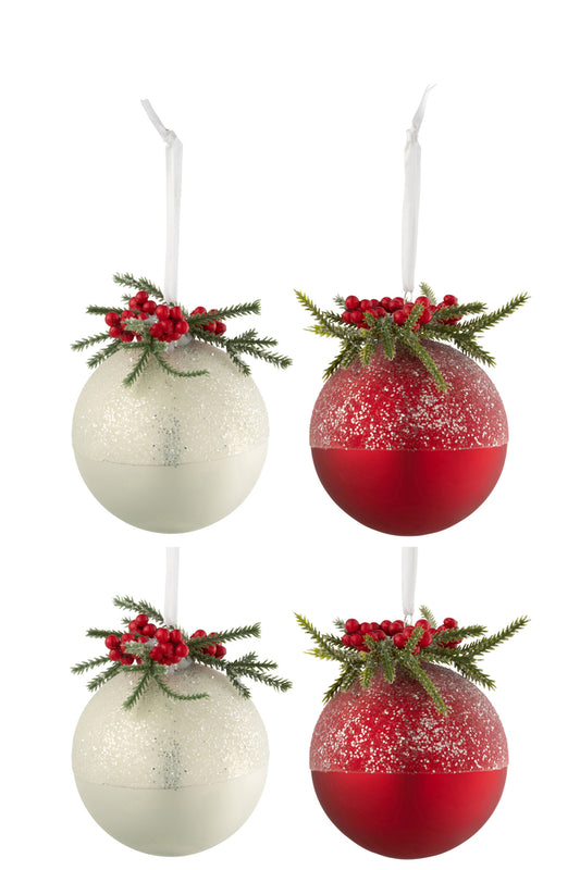 Doos met 4 kerstballen Kerstdecoratie + bessen Suikerglas Wit/Rood Klein