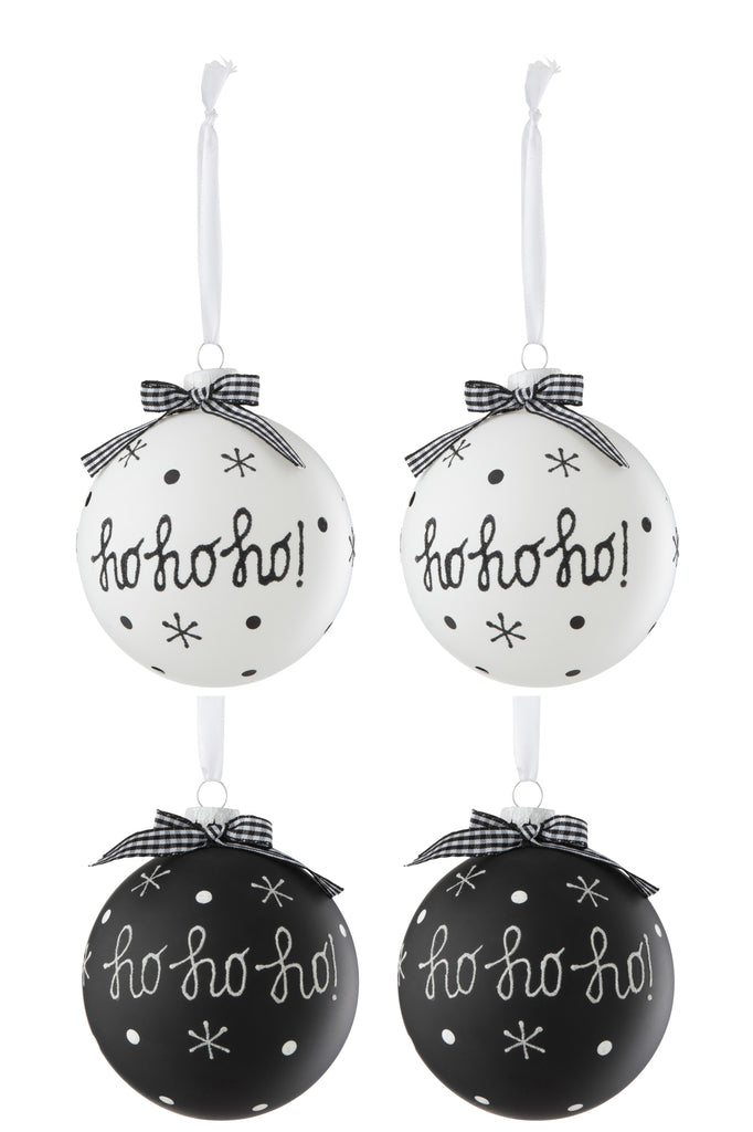 Doos met 4 kerstballen 2+2 Hoho+Sneeuwvlokken+Strik Glas Zwart/Wit Groot