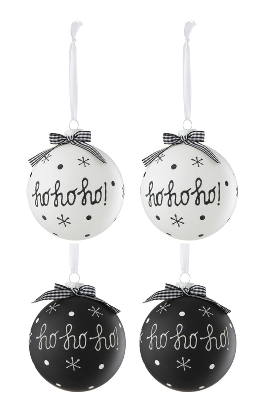 Doos met 4 kerstballen 2+2 Hoho+Sneeuwvlokken+Strik Glas Zwart/Wit Groot