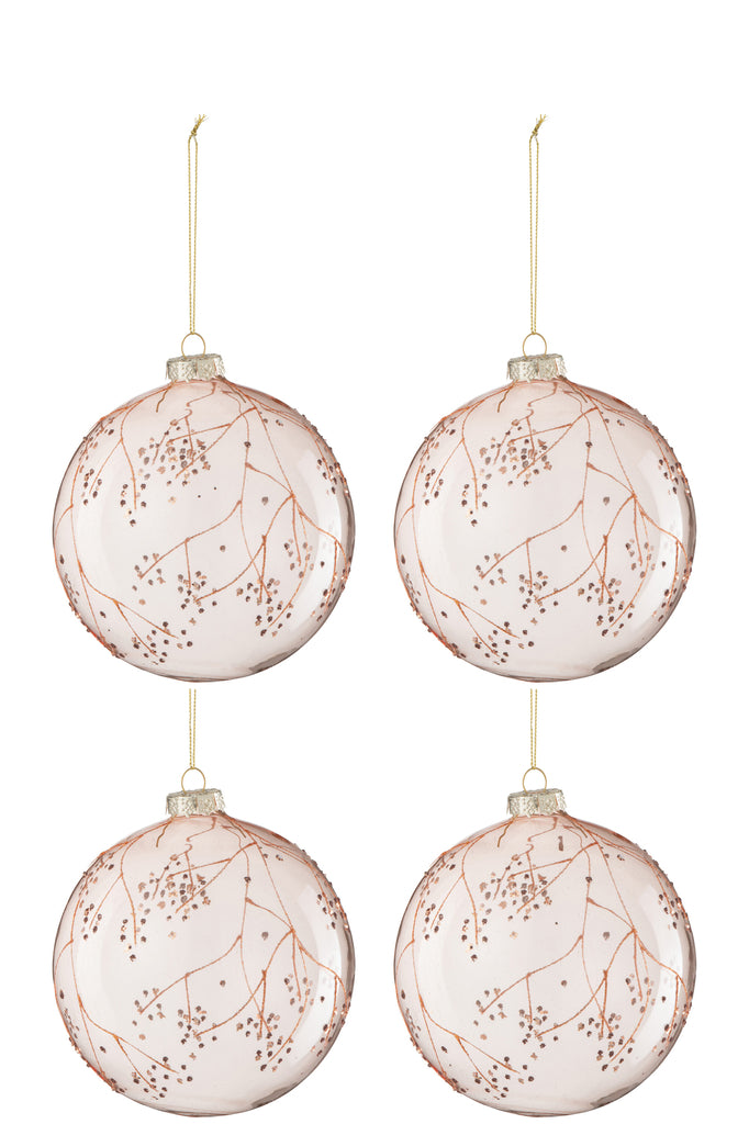 Doos met 4 kerstbaltakken glas lichtroze groot