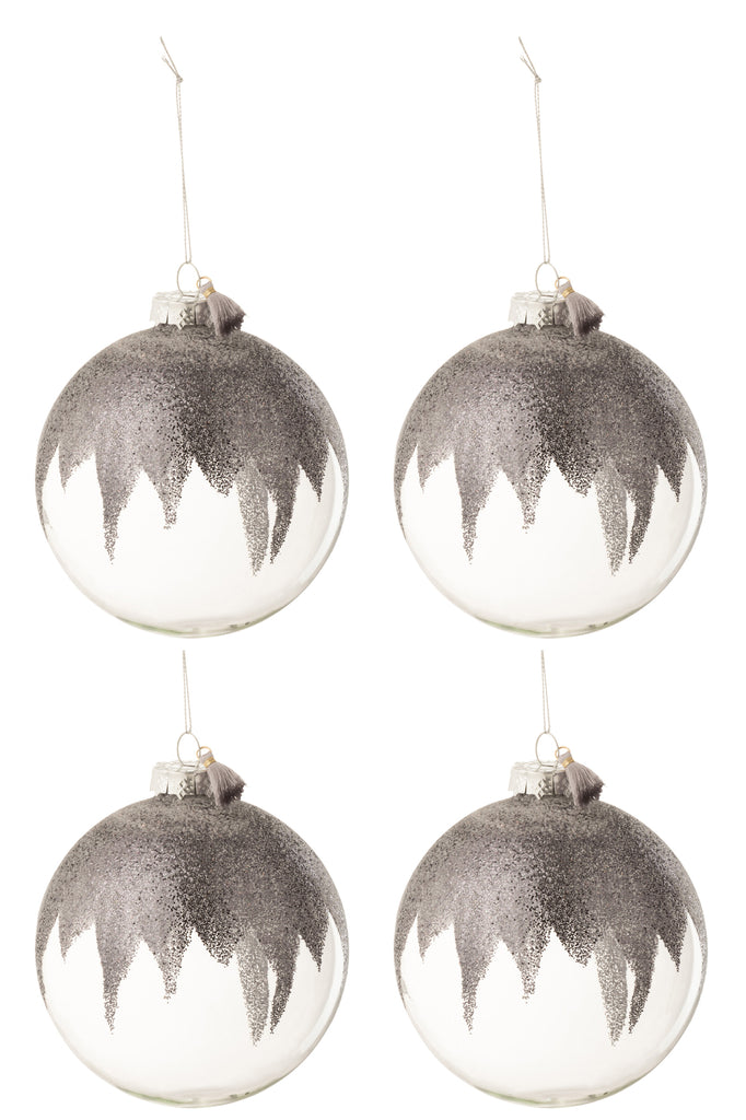 Doos met 4 kerstballen glitter mini kwast grijs glas transparant groot