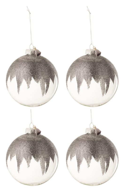 Doos met 4 kerstballen glitter mini kwast grijs glas transparant groot