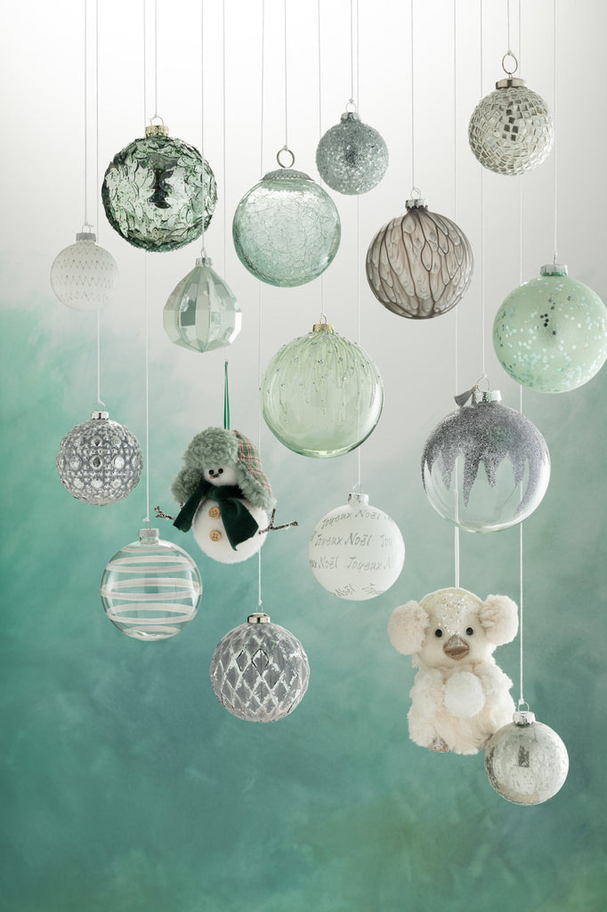 Doos met 4 kerstballen glitter mini kwast grijs glas transparant groot