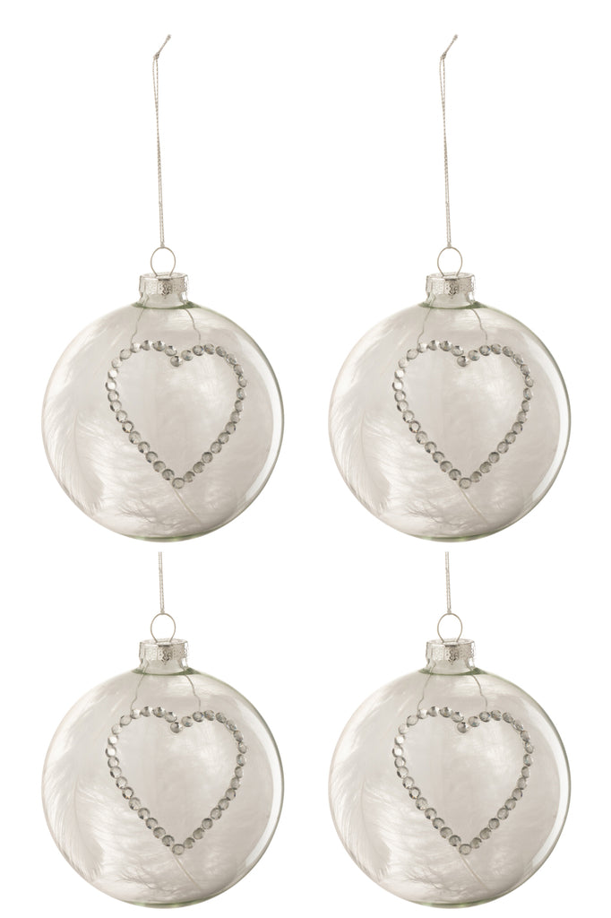 Doos met 4 kerstballen Hart Strass Zilver Veer Wit Glas Helder Medium