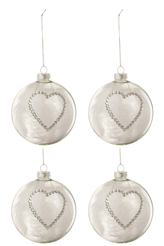 Doos met 4 kerstballen Hart Strass Zilver Veer Wit Glas Helder Medium