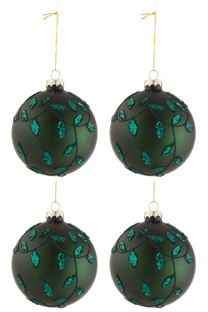 Doos met 4 kerstballen bladeren glitter glas mat groen medium