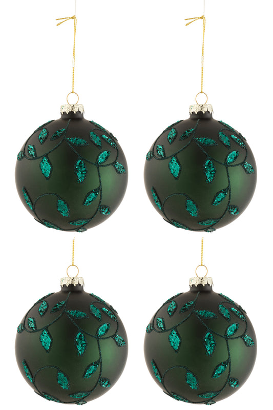 Doos met 4 kerstballen bladeren glitter glas mat groen medium