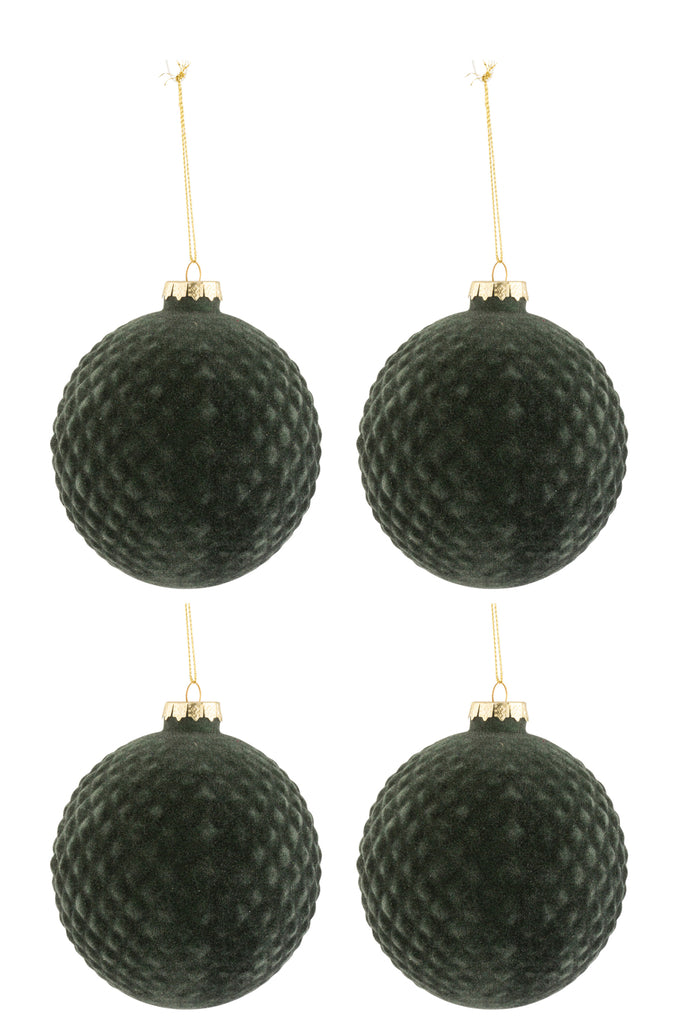 Doos met 4 kerstballen patroon fluweel glas donkergroen medium