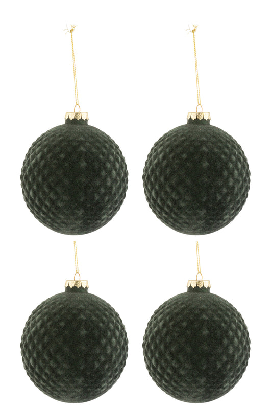 Doos met 4 kerstballen patroon fluweel glas donkergroen medium