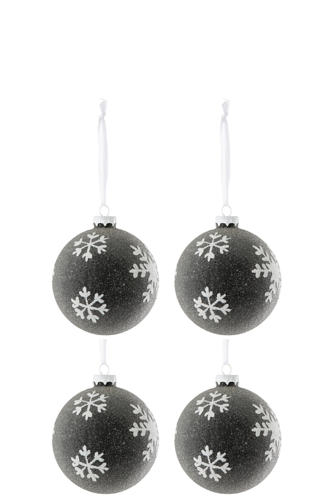 Doos met 4 kerstbalparels + sneeuwvlokglas grijs donker/wit klein
