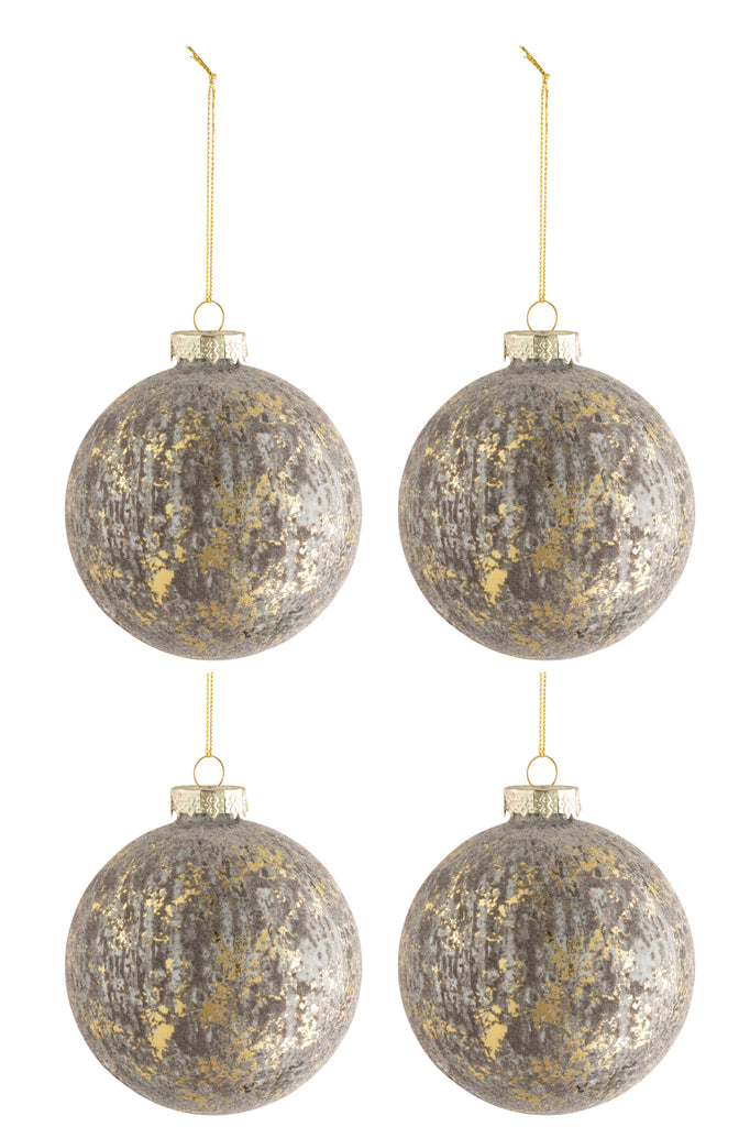 Doos met 4 kerstballen fluweel glas antiek grijs/goud medium