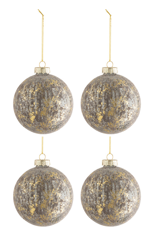 Doos met 4 kerstballen fluweel glas antiek grijs/goud medium
