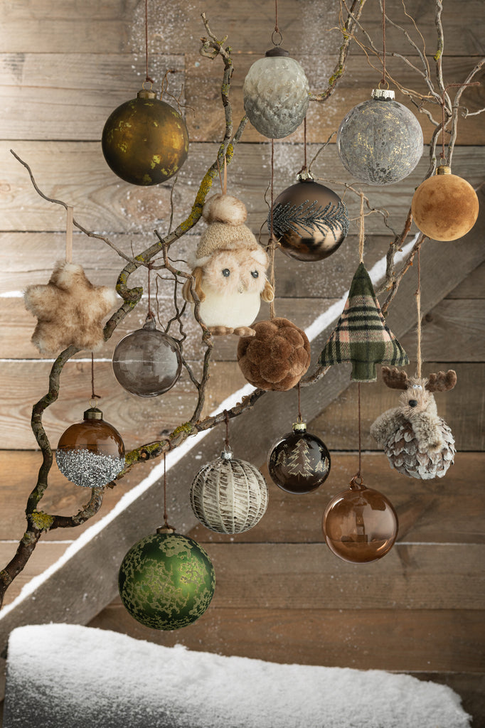 Doos met 4 kerstballen fluweel glas antiek grijs/goud medium