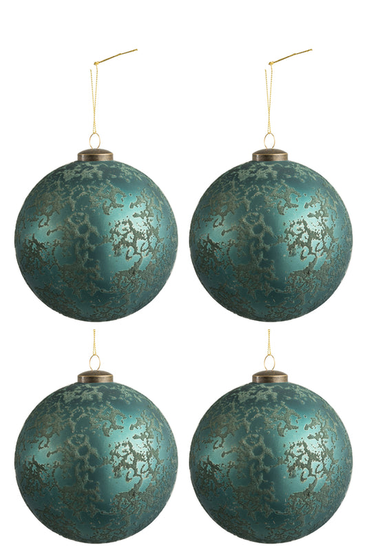 Doos met 4 kerstballen glas mat antiek azuurblauw groot