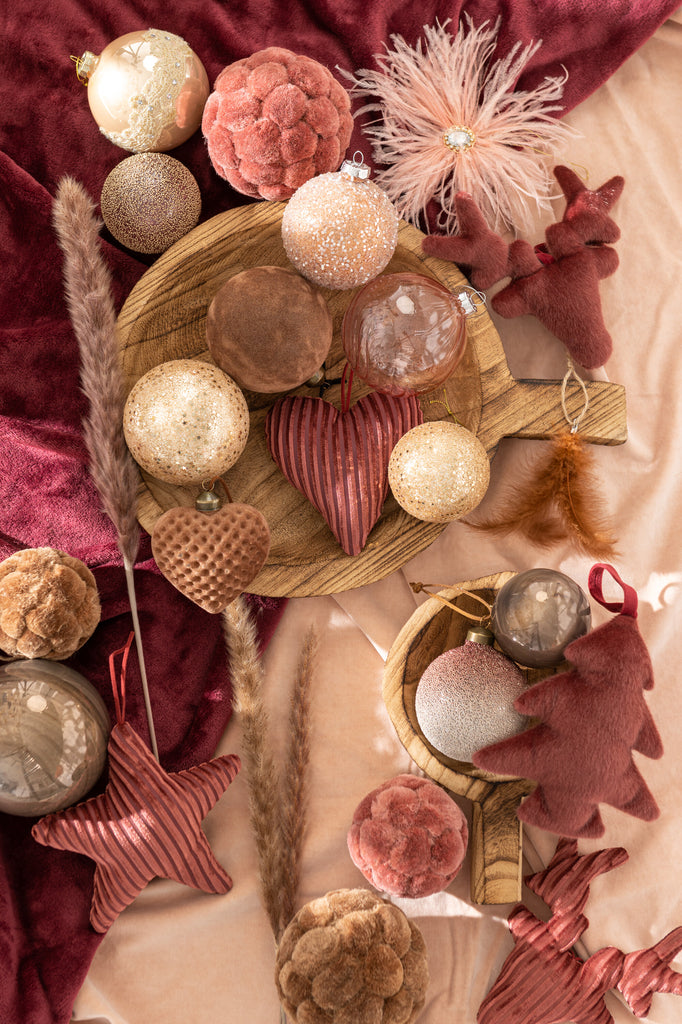 Doos met 4 kerstballen van glas, antiek bruin, groot