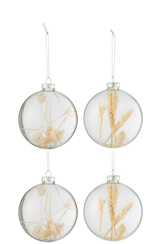 Doos met 4 kerstballen 2+2 gedroogde takken Beige glas transparant groot