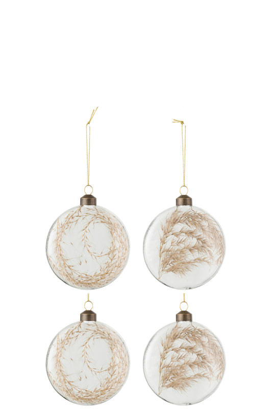Doos met 4 kerstballen rond plat 2+2 gedroogde pampa's glas transparant medium