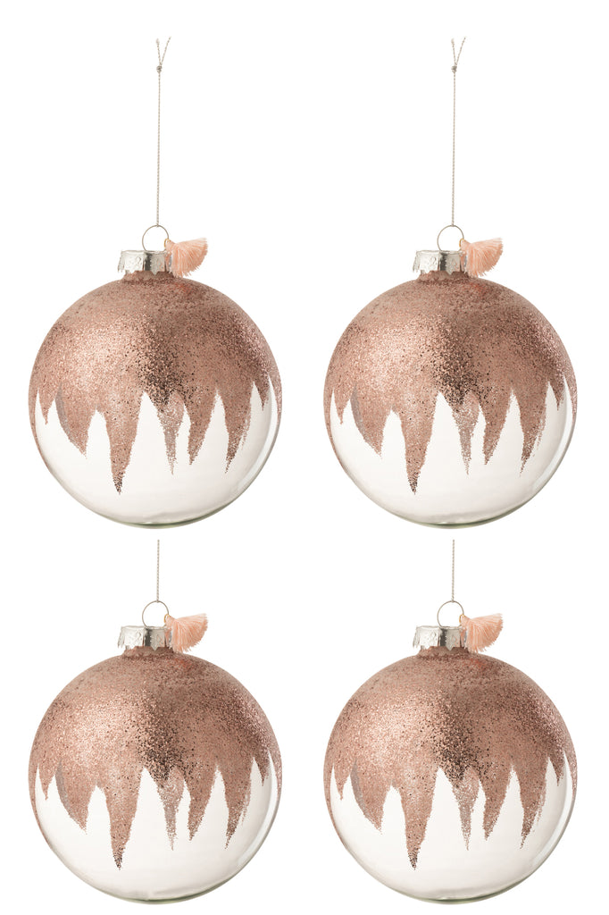 Doos met 4 kerstballen glitter mini kwast roze glas transparant groot
