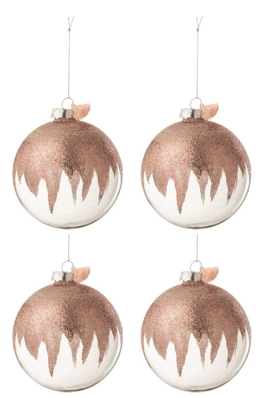 Doos met 4 kerstballen glitter mini kwast roze glas transparant groot