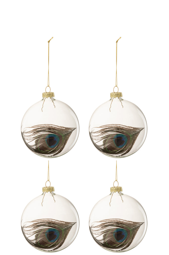 Doos met 4 kerstballen pauwenveer glas transparant medium