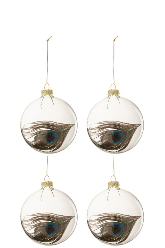 Doos met 4 kerstballen pauwenveer glas transparant medium