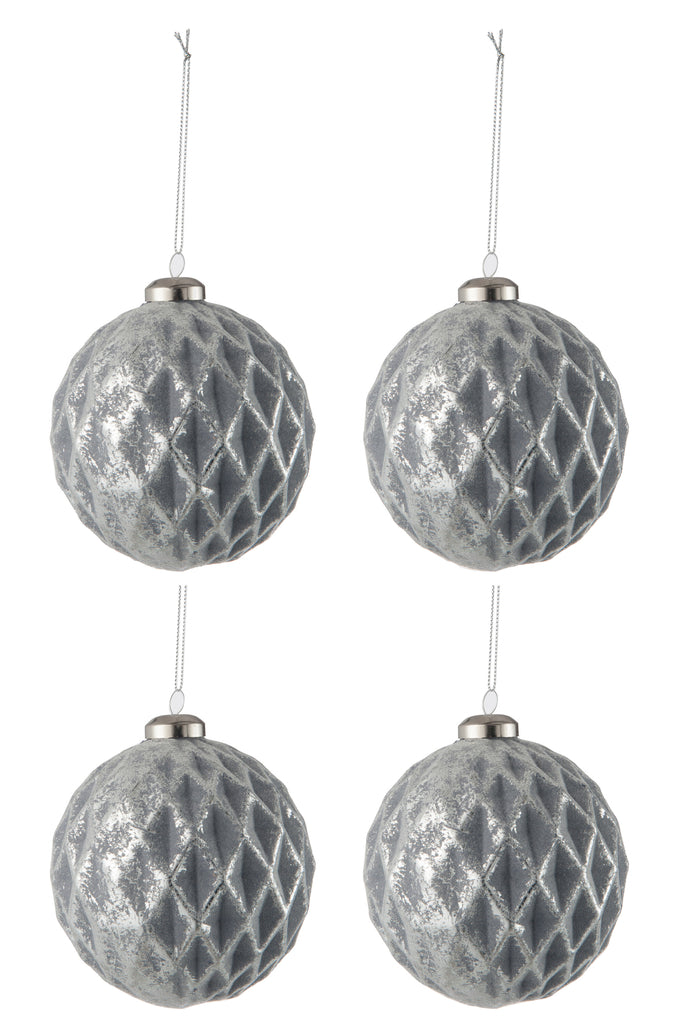 Doos met 4 kerstballen met diamantpatroon, glas, antiekgrijs, groot