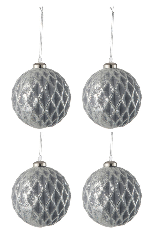 Doos met 4 kerstballen met diamantpatroon, glas, antiekgrijs, groot