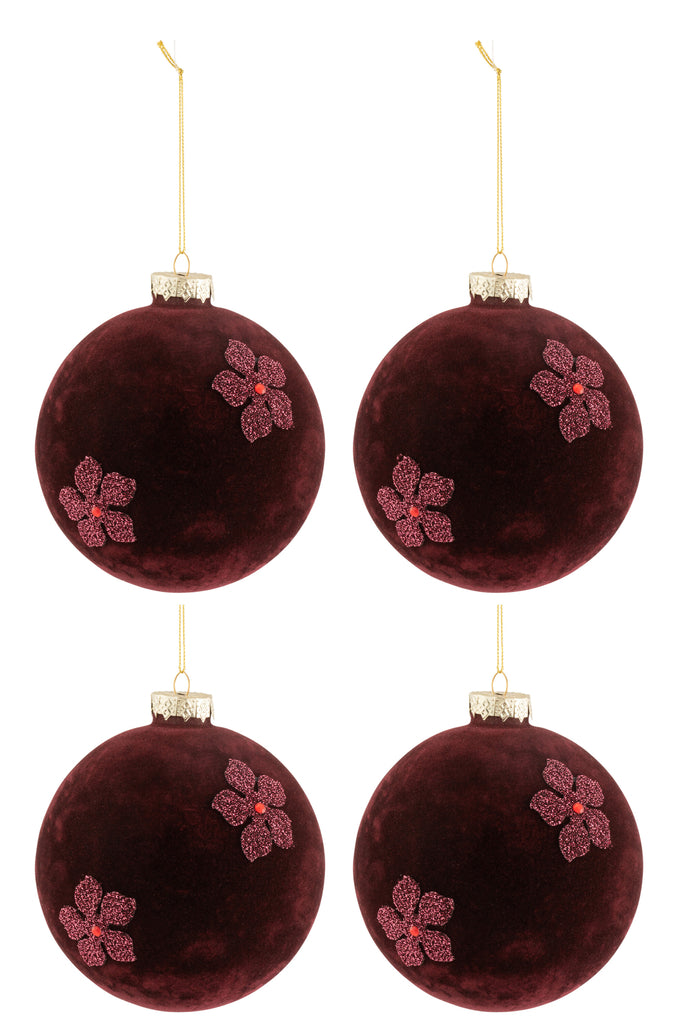 Doos met 4 kerstballen Bloemen Fluweel Glas Bourgondië Groot