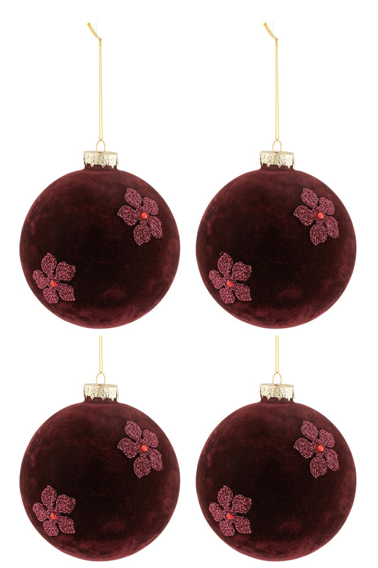 Doos met 4 kerstballen Bloemen Fluweel Glas Bourgondië Groot