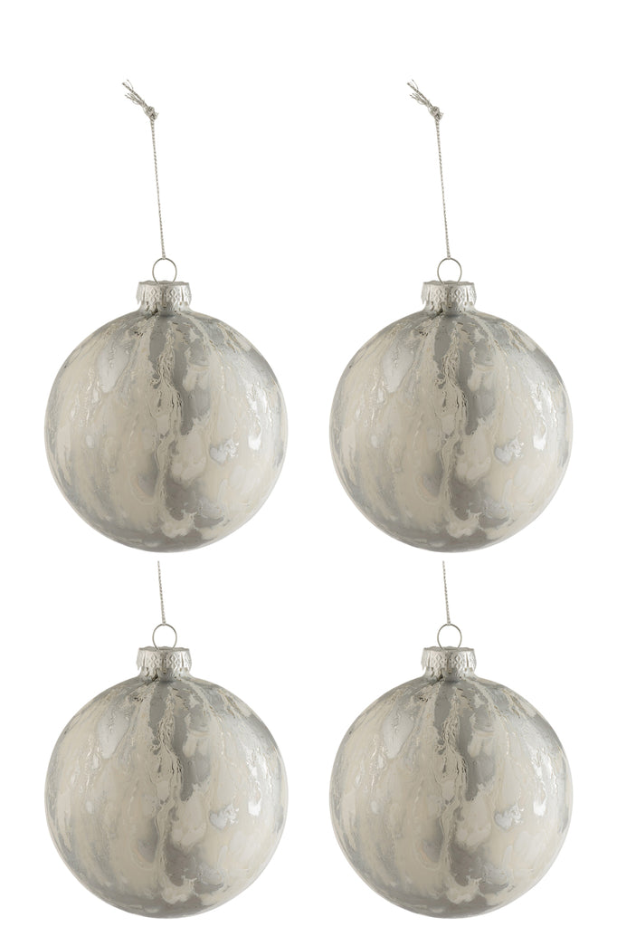 Doos met 4 kerstballen marmerlook glas wit/zilver medium