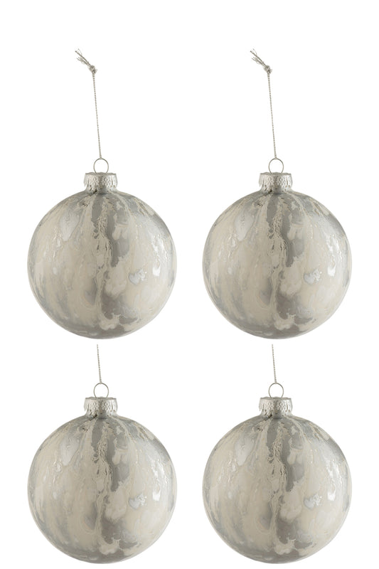 Doos met 4 kerstballen marmerlook glas wit/zilver medium