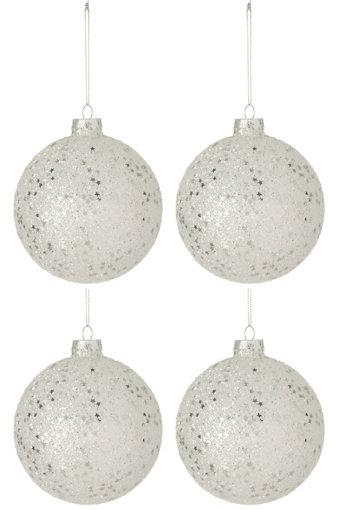 Doos met 4 kerstballen sterren glas zilver groot