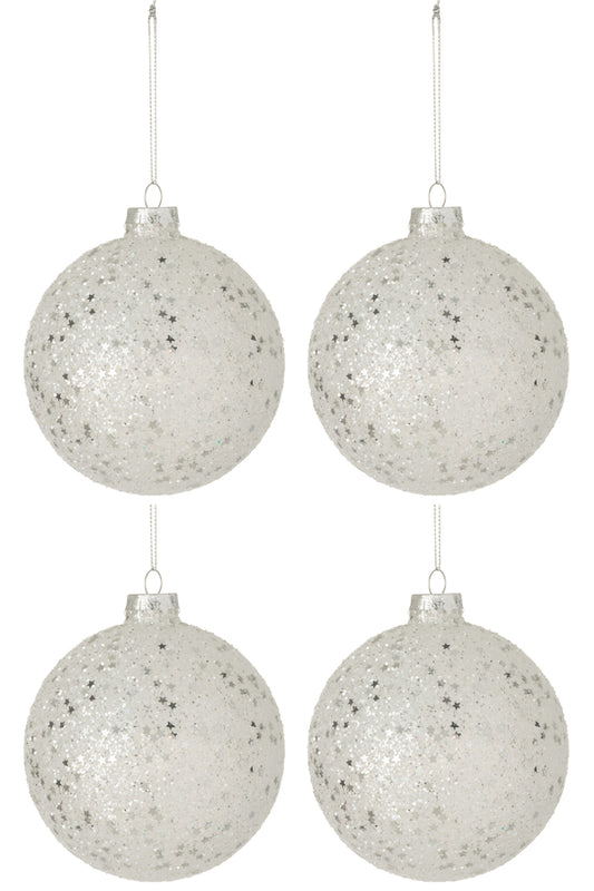Doos met 4 kerstballen sterren glas zilver groot