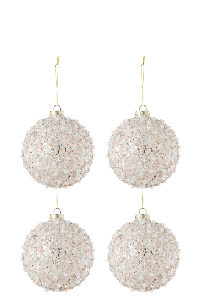 Doos met 4 kerstballen parels + pailletten glas wit