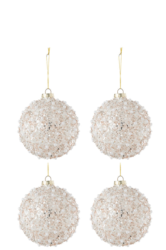 Doos met 4 kerstballen parels + pailletten glas wit