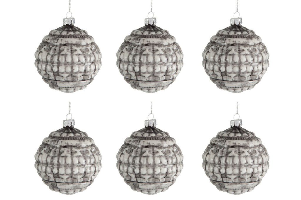 Doos met 6 ronde kerstballen met print van glas, groen/beige, klein 8 cm
