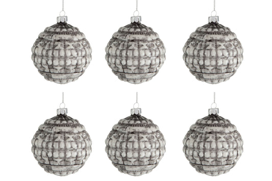 Doos met 6 ronde kerstballen met print van glas, groen/beige, klein 8 cm