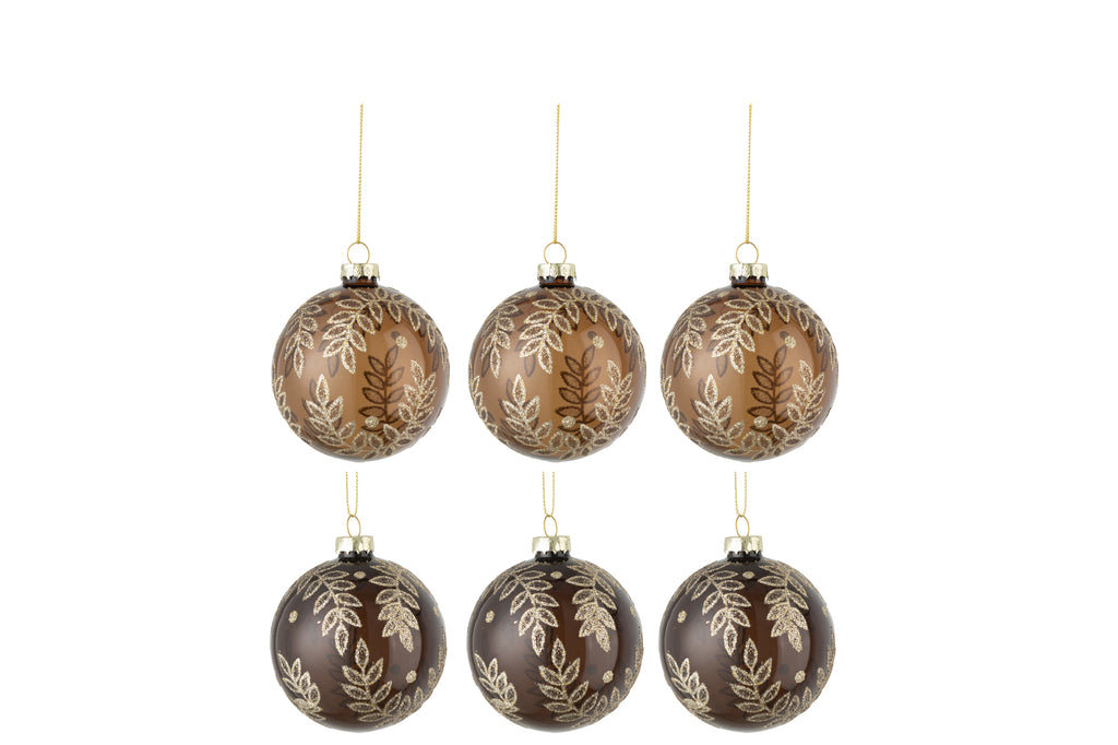 Doos met 6 kerstballen 3+3 bladeren glas transparant camel/bruin klein