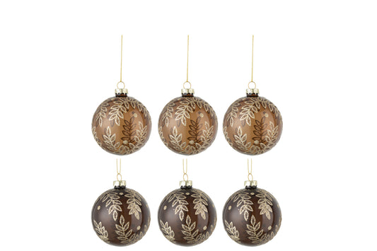 Doos met 6 kerstballen 3+3 bladeren glas transparant camel/bruin klein