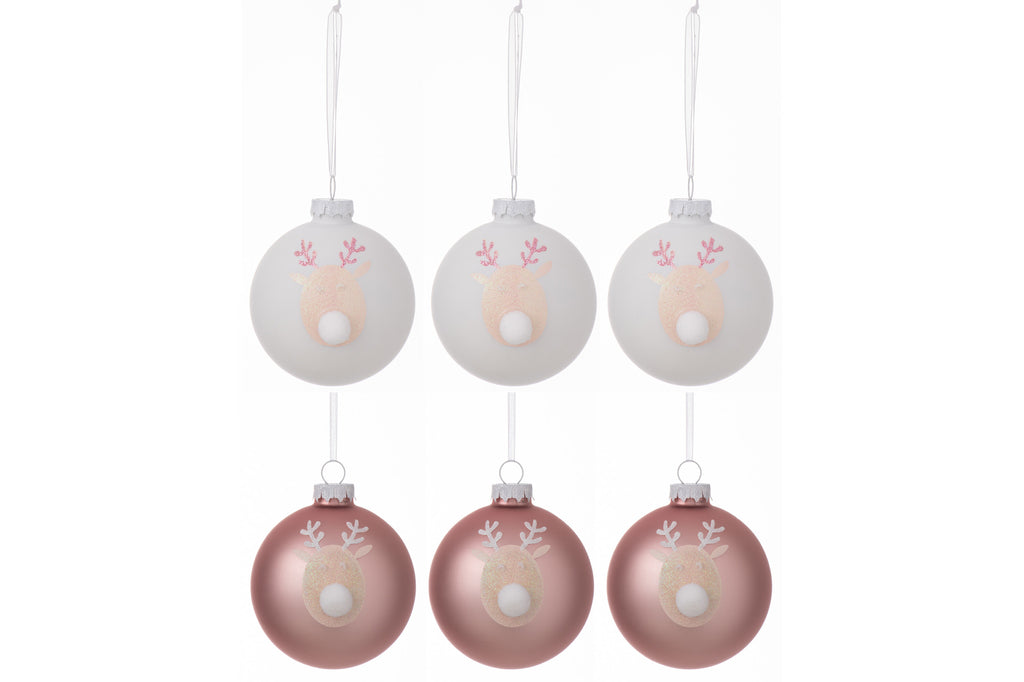 Doos met 6 kerstballen 3+3 rendieren glas lichtroze/wit klein