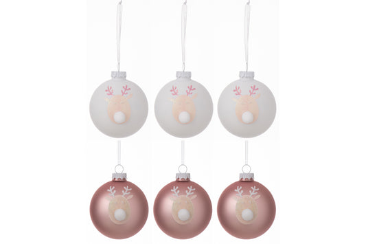 Doos met 6 kerstballen 3+3 rendieren glas lichtroze/wit klein