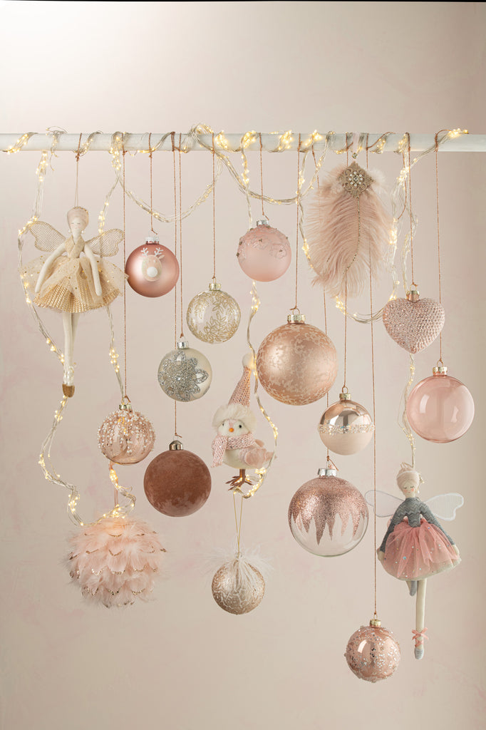 Doos met 6 kerstballen 3+3 rendieren glas lichtroze/wit klein
