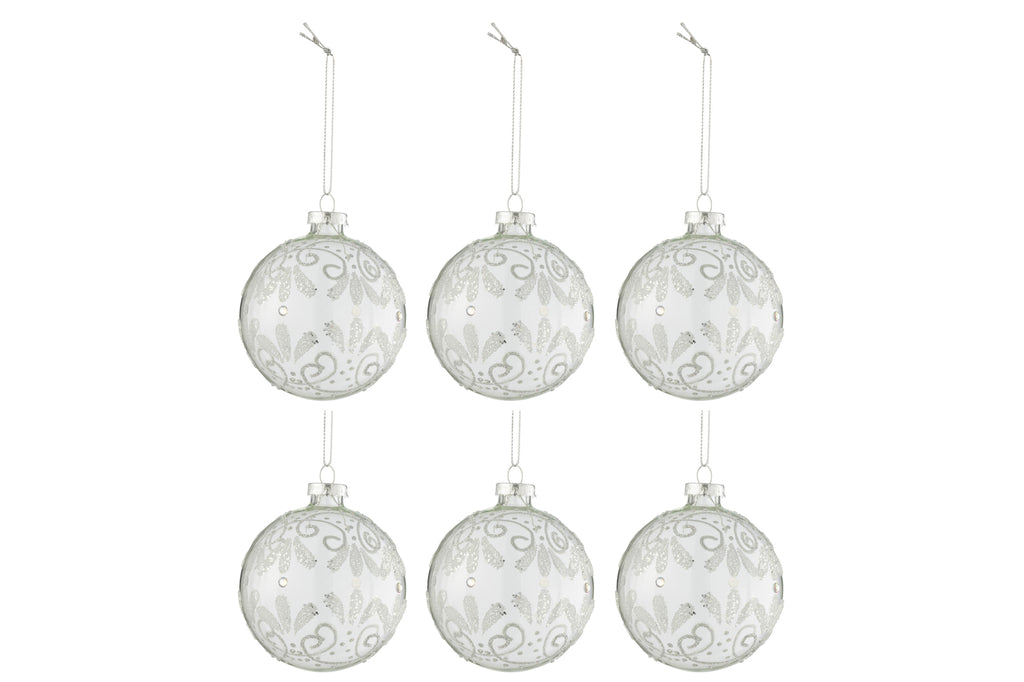 Doos met 6 kerstballen krullen glitter zilver glas transparant klein