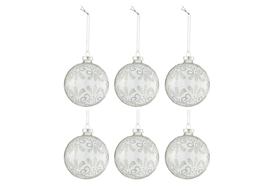 Doos met 6 kerstballen krullen glitter zilver glas transparant klein