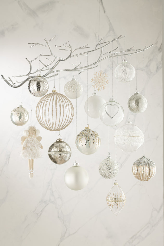 Doos met 6 kerstballen krullen glitter zilver glas transparant klein