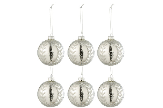 Doos met 6 kerstballen Bladeren Glitter Glas Glanzend Zilver Klein